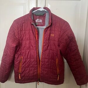 Stio Kids Quilted Puffer Jacket in Berry with Orange Trim